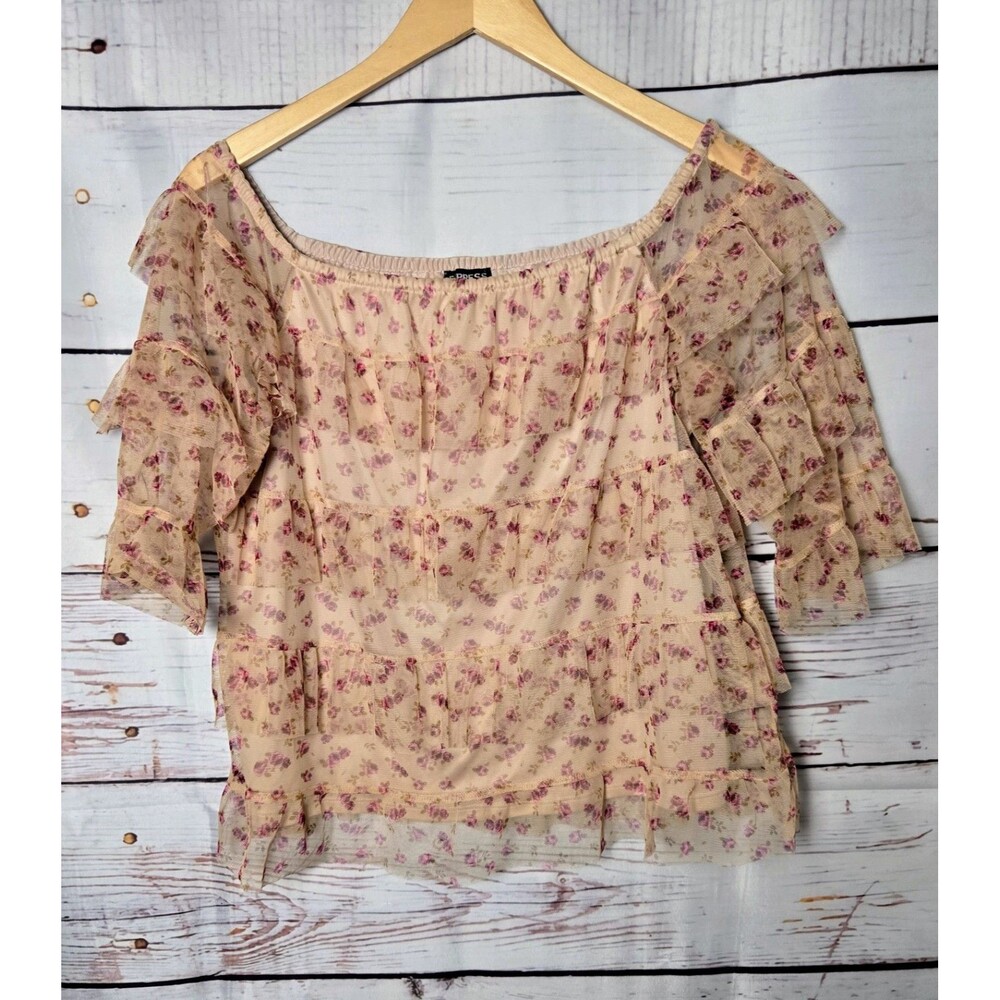 Express Womens Top Size Large Pink Floral Tiered Ruffle Mesh Off the Shoulder